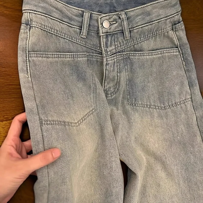 Damskie aksamitne jeansy proste na jesień w stylu retro z wysokim stanem, podwójnymi kieszeniami, grube spodnie, ciepłe damskie szerokie spodnie jeansowe.