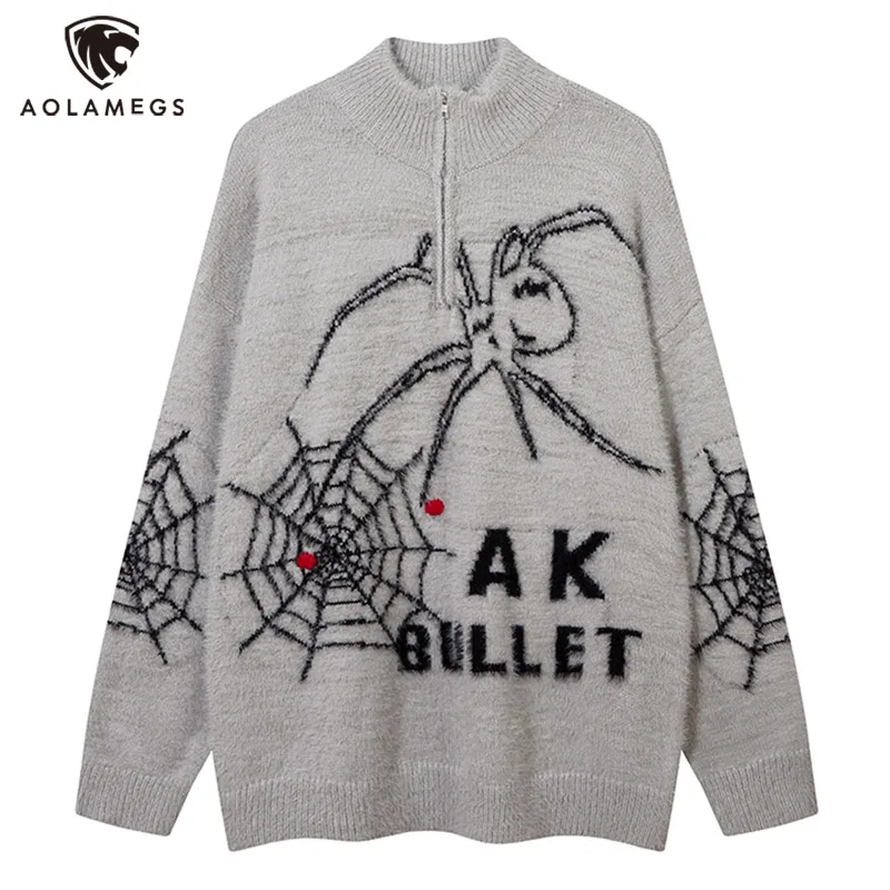 

Aolamegs Y2K Men Sweater Spider Web Graphic Jumper Harajuku Hip Hop Streetwear Pullover Loose Casual Knitwear Coat Unisex