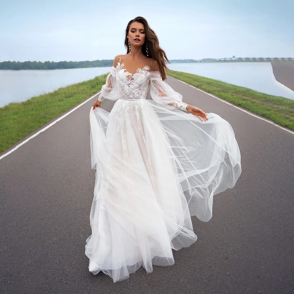 

Scoop Neck Illusion Appliques Lace Tulle 2024 Wedding Dress A-line Long Puff Sleeve Court Wedding Bridal Gown vestidos de novia