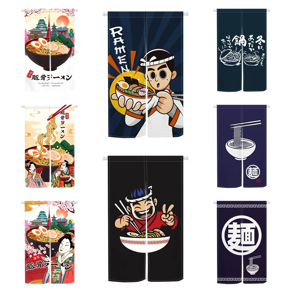 Cortinas de Porta Noren com Tema Ramen, Design de Tigela de Desenho Animado de Chef Japonês para Cozinha Izakaya, Divisória de Sala de Jantar, Cortina Divisória de Meio Espaço