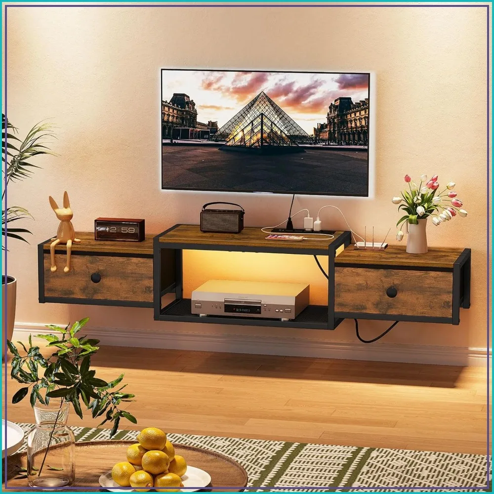 

Floating TV Stand with Power Outlet 55", Wall Mounted Entertainment Center with LED Lights, Drawer, Media Console Shelf for Living Room, Bedroom
