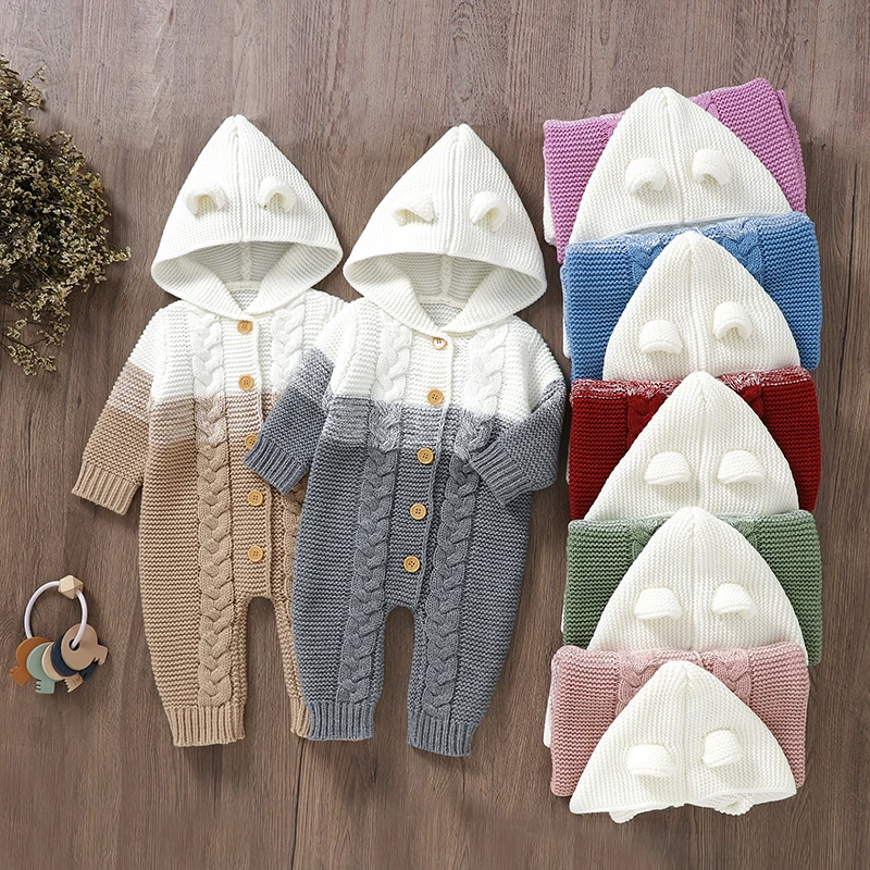 Baby Romper Knitted Newborn Girl Boys Jumpsuit Fashion Hooded Solid Infant Kid Clothing Long Sleeve Fall 0-18M Overalls Playsuit