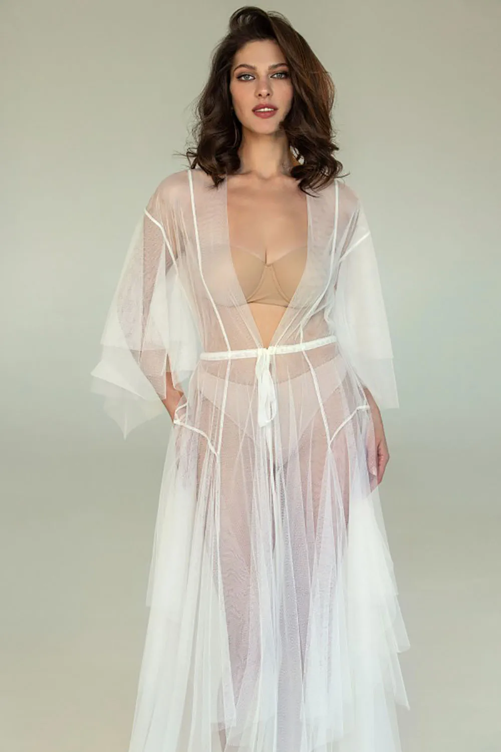 2022 New Sexy Lllusion Women Sleepwear Dress Belt V-neck Full Sleeve Custom Made Ruched Tulle Lllusion Bathrobe Floor-Length