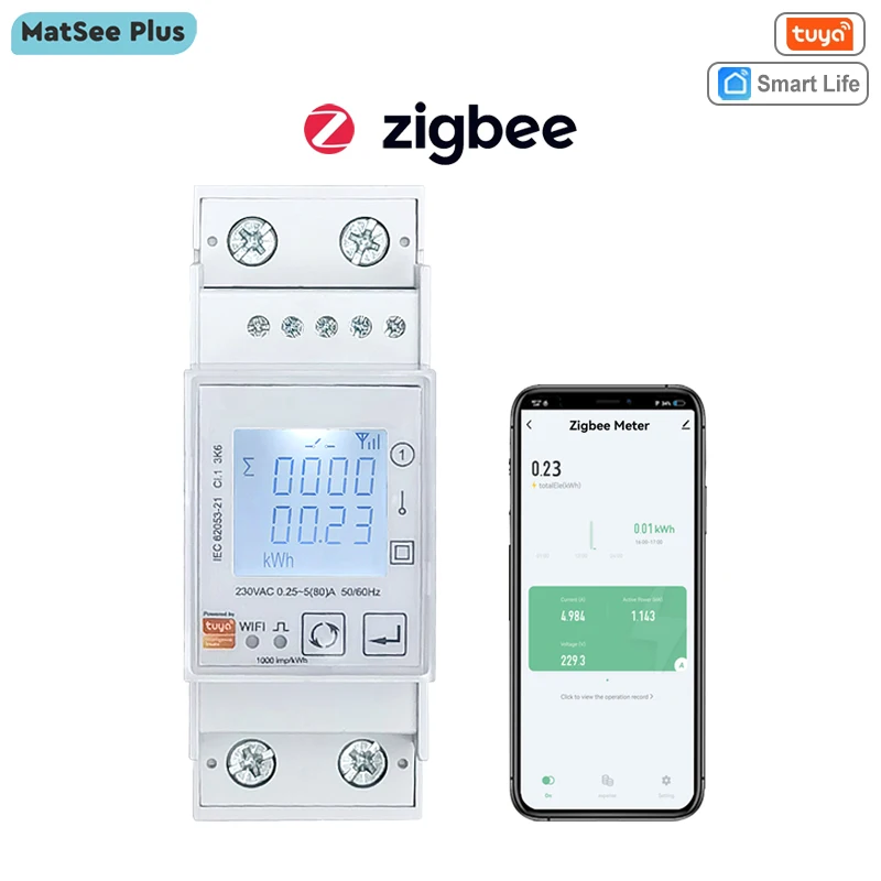 

Tuya Smart ZigBee Energy Meter Single Phase 80A Din Rail Power Monitor KWh Wattmeter Voltmeter Ampermeter 110V 220V 50/60Hz