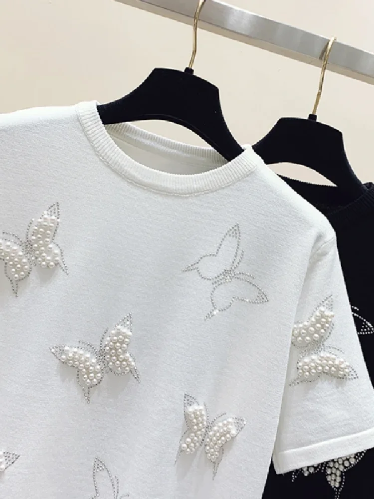 T-Shirts Women Casual Knitted Beading Solid All-match Korean Fashion Popular Streetwear Summer Short-sleeved Tops Harajuku Ins