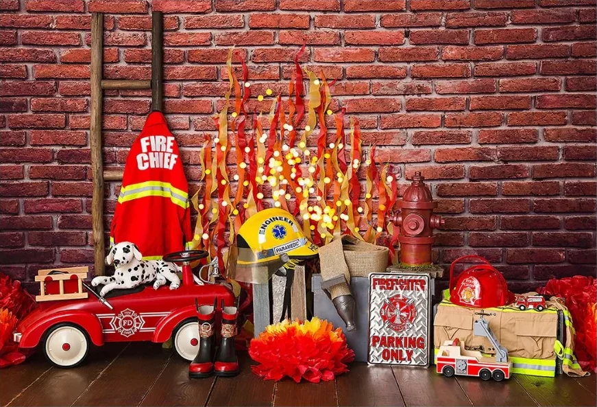 Fireman Sam Theme Photography Backdrop Fire Truck Firefighter Baby Shower Boys Birthday Party Custom Photo Background Banner