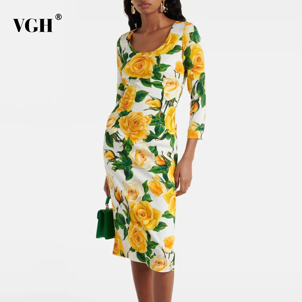 

VGH Hit Color Floral Printing Elegant Dresses For Women Round Neck Long Sleeve High Waist Splicd Zipper Dress Female Fashion New