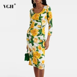 VGH Hit Color Floral Printing Elegant Dresses For Women Round Neck Long Sleeve High Waist Splicd Zipper Dress Female Fashion New