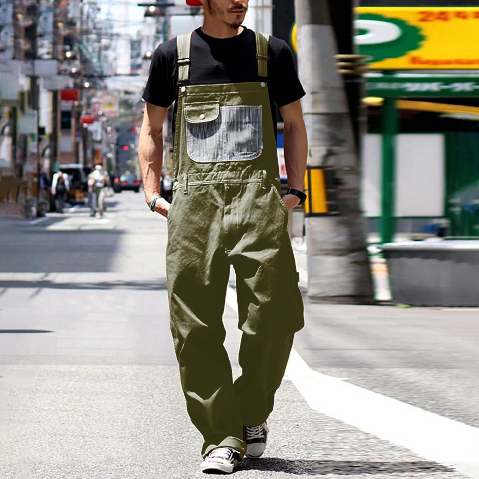 Men's Denim Bib Overalls Vintage Baggy Adjustable Strap Jumpsuit Large Size Streetwear Jeans With Pockets Workwear Romper Pant