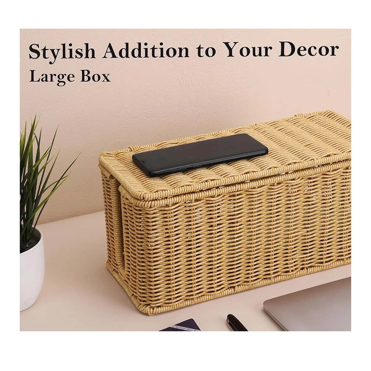 A002 2Pack Cable Management Box, Handwoven Imitation Rattan Cord Organizer Box, Decorative Cord Hider Box