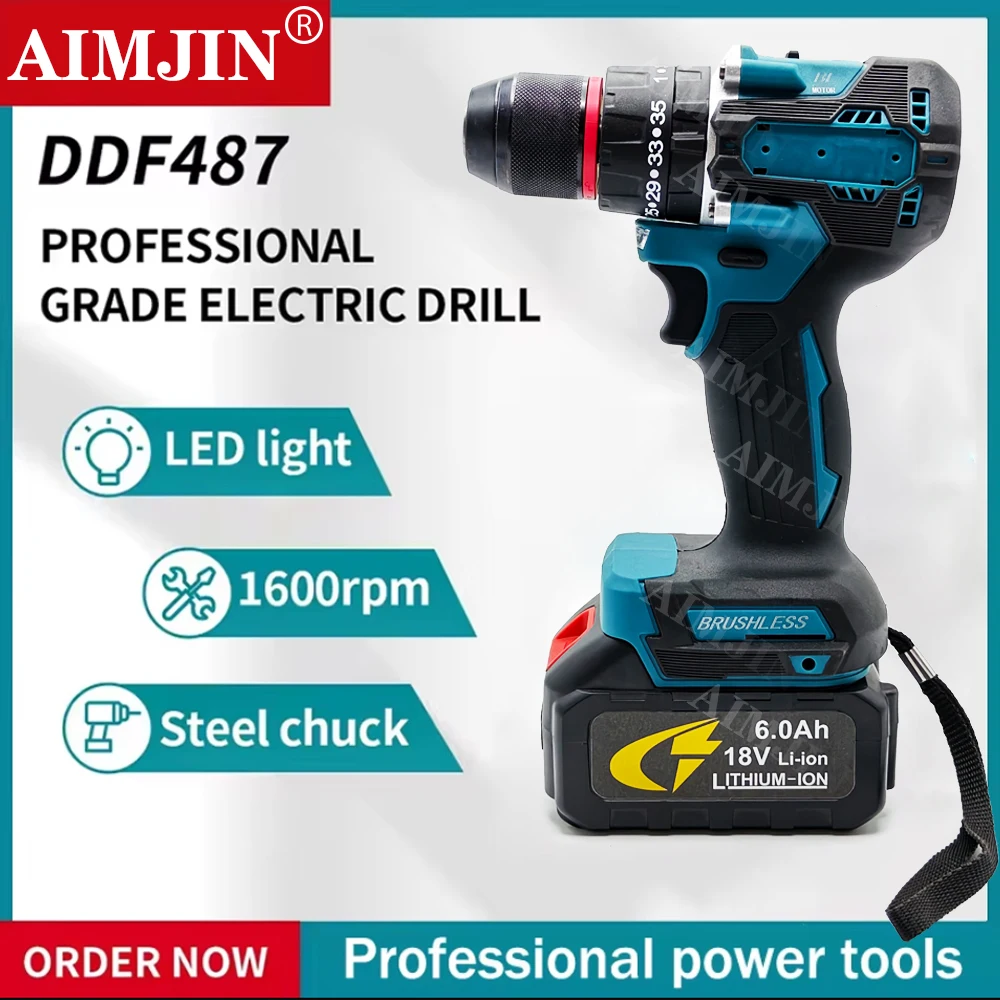 DDF487 13mm red and black brushless household 18V lithium-ion charging impact drill, high torque electric screwdriver