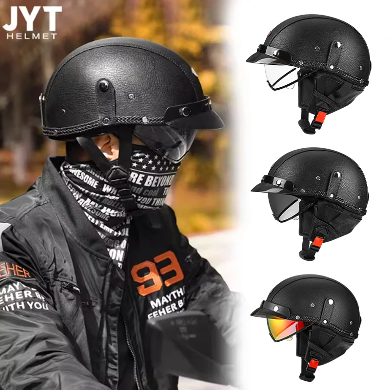

Minimalist Vintage All Black Matte Leather Half Face Motorcycle Helmet Biker Cap with Detachable Unisex Design DOT Standard