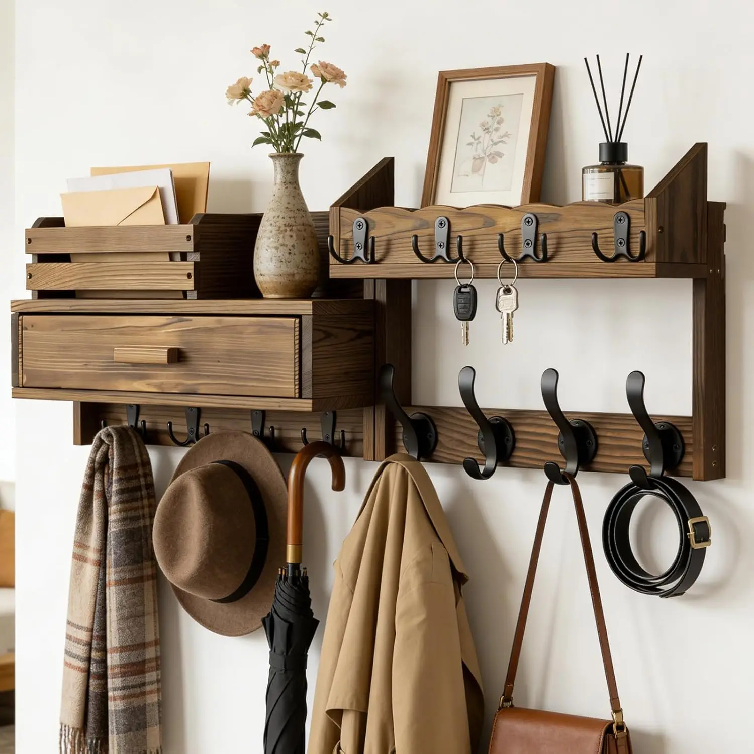 

29" Wall Mounted Coat Rack with Shelf & Drawer, Heavy Duty Entryway Organizer with 12 Metal Hooks for Coats, Keys, Mail