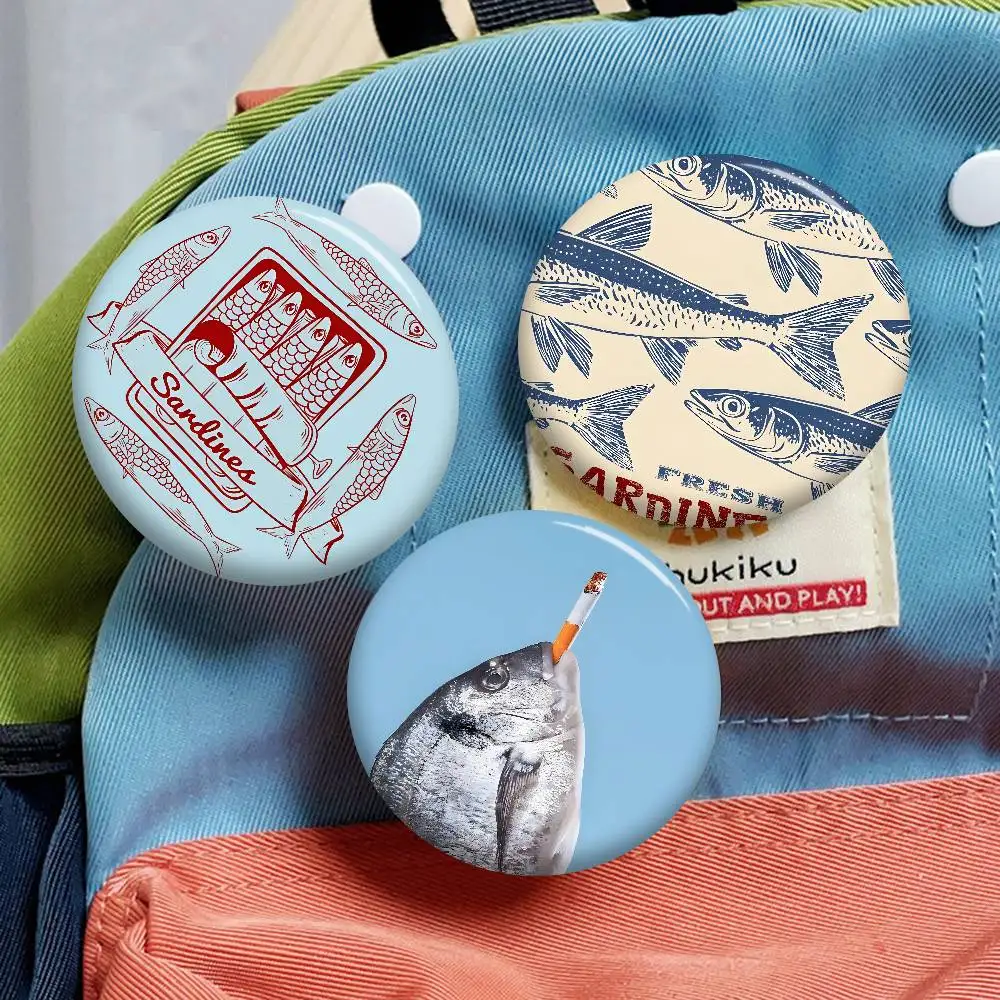 Fish Sardines Art Creative Pins Funny Faces Round Snap-in Brooch Badge Backpack Hat Accessories Jewelry Gifts