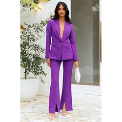 Pants Sets 2 Piece Purple Single Button Peak Lapel Female Clothing Fashion Prom Party Casual Daily Solid Color Women Suits