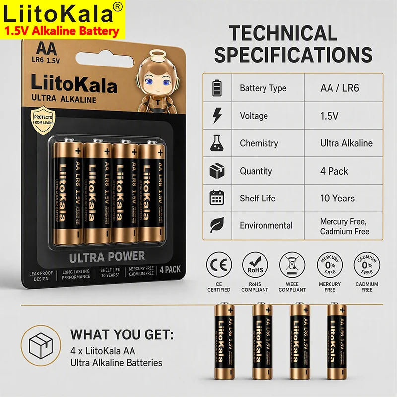 Батарейки LiitoKala AA LR6 1.5V Ultra Alkaline, 4 шт./упак., неперезаряжаемые, безопасные для фонариков и беспроводных мышей