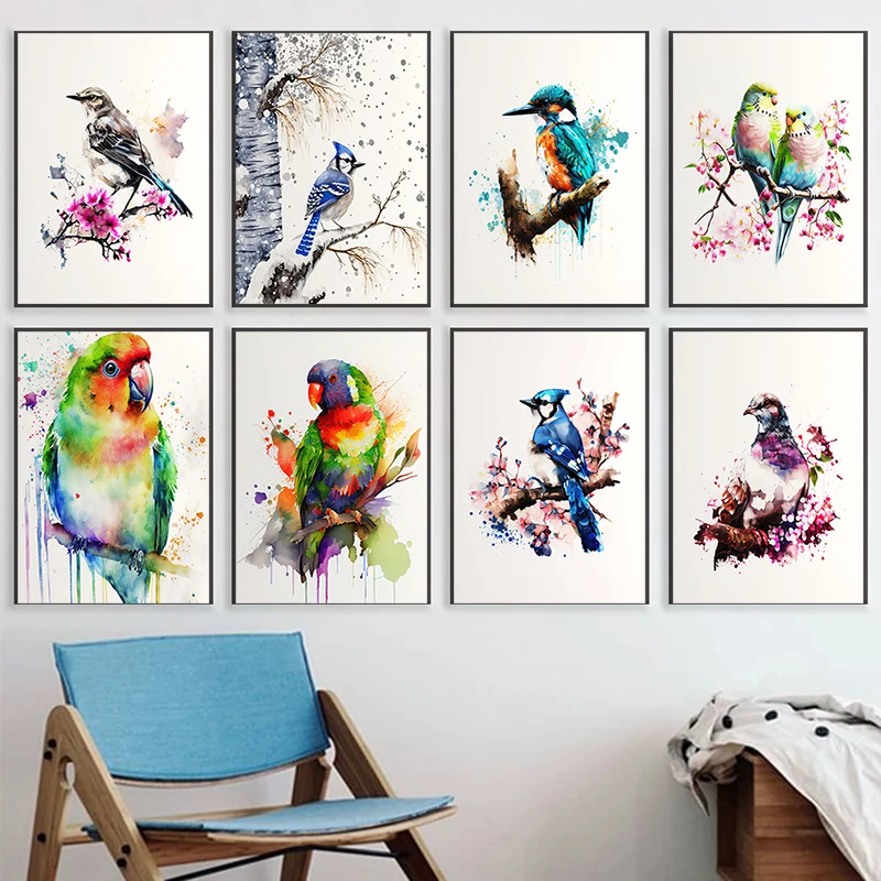 Birds Standing on Branches Watercolor Poster Goldfinch Hummingbird Crow Toucan Canvas Painting Wall Art Picture Home Decor