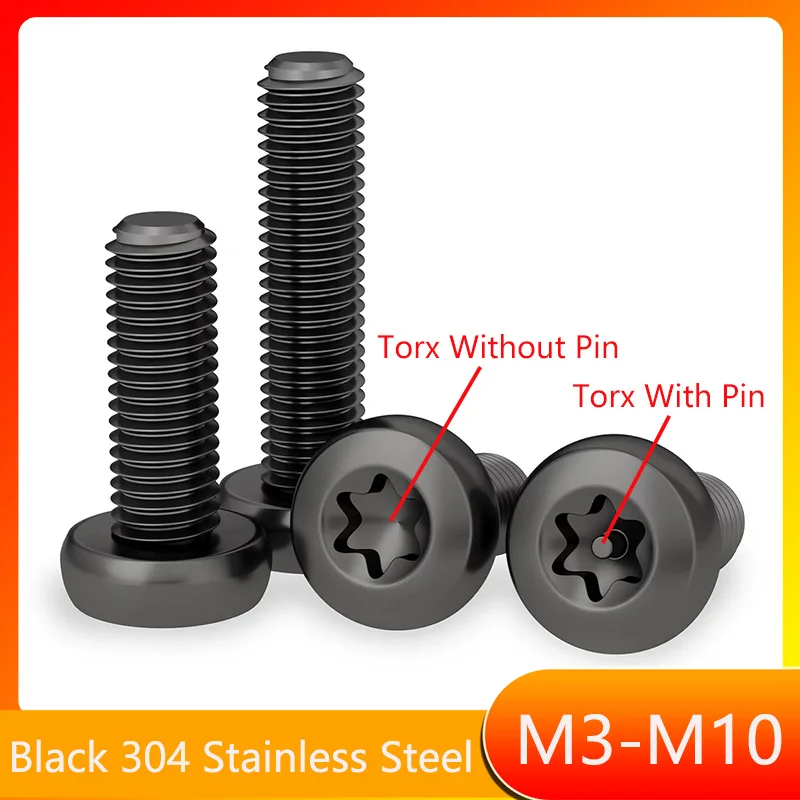 Black 304 Stainless Steel Six-Lobe Torx Pan Round Head Screws / with Pin Tamper Proof Security Bolt M3 M4 M5 M6 M8 M10 L:4-60mm