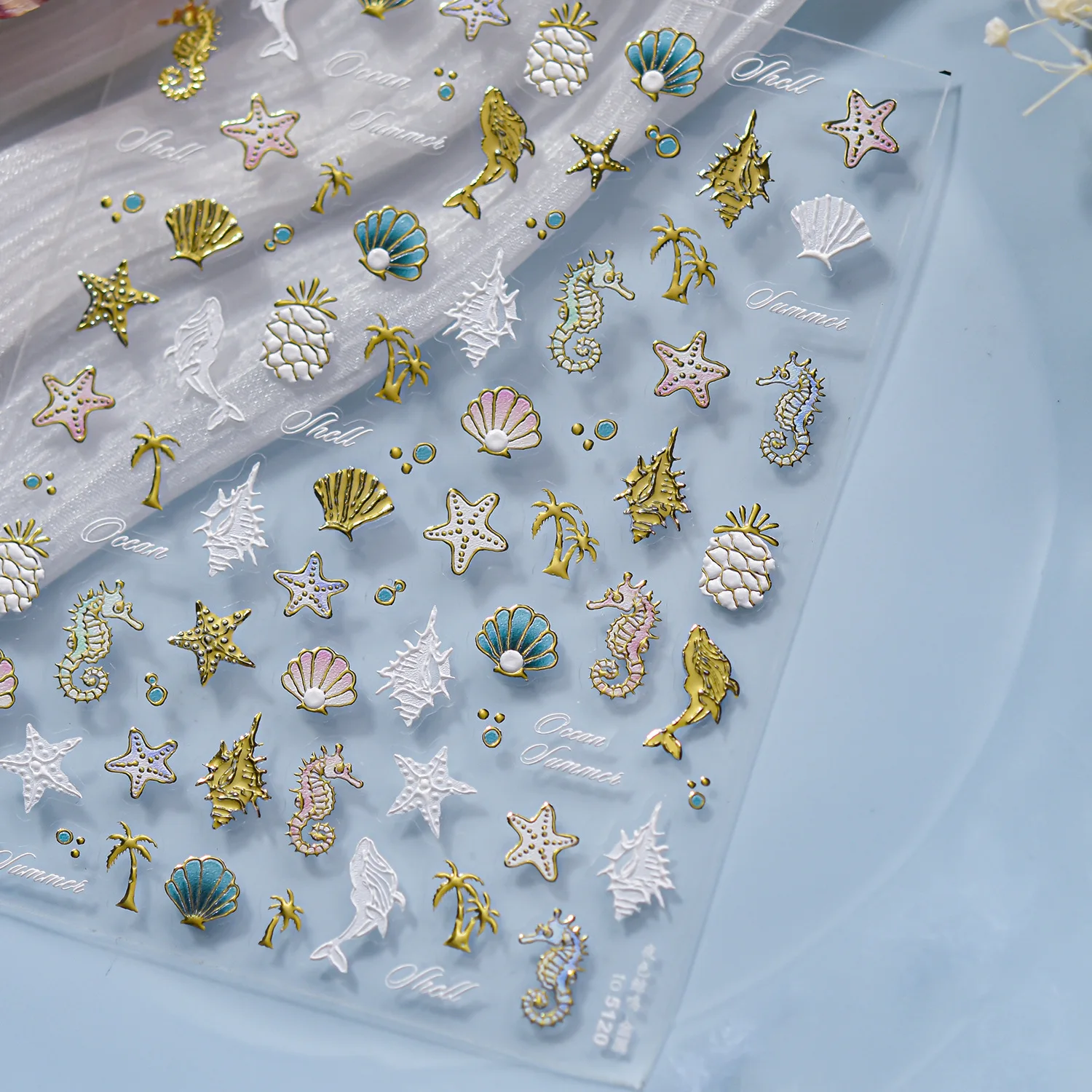 Pegatina de concha de perlas de lujo para uñas 5D, delfines de estrella de mar en relieve, piezas adhesivas para decoración de uñas, pegatinas para manicura DIY