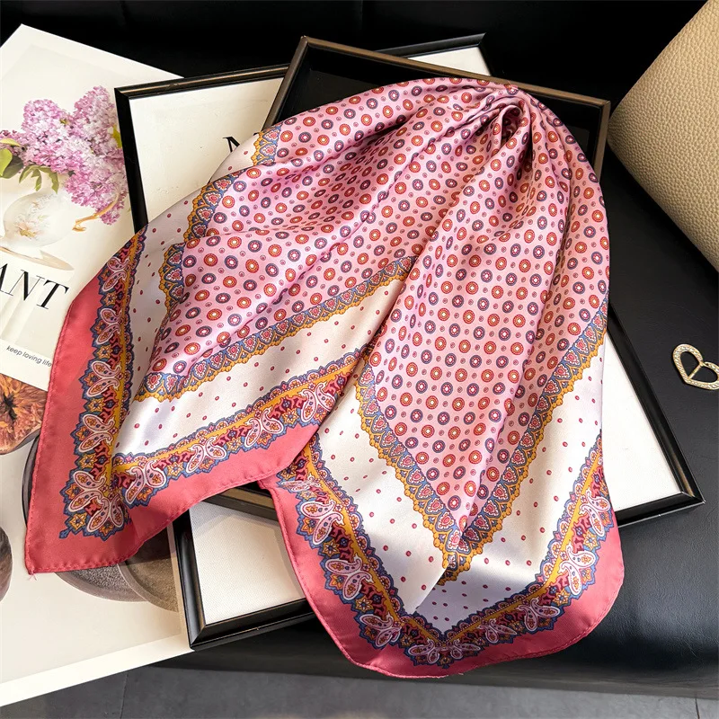 Retro Design Square Silk Scarf for Women Print 70x70cm Hijab Small Shawl Neck Tie Hand Wrist Kerchief Female Headband Foulard image 6
