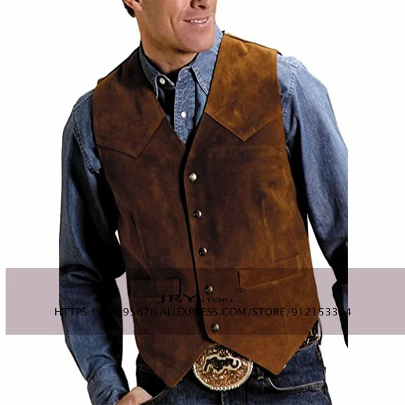 Men's Cow Leather Suit Waistcoat Steampunk Vest Western Cowboy Style S-XXXL