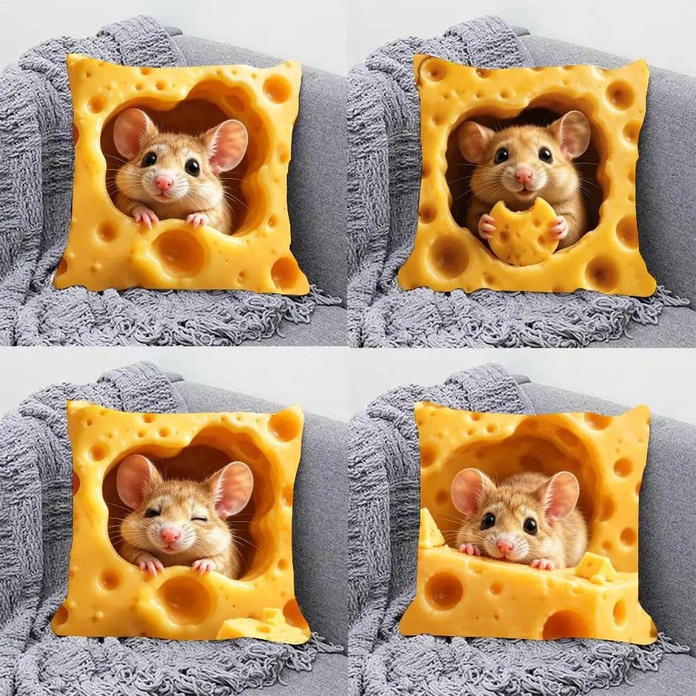 Cute Mouse in Cheese Cushion Cover Soft Plush Pillowcase Double Side Cozy Cushion Cover Aesthetic Sofa Home Decor Gift