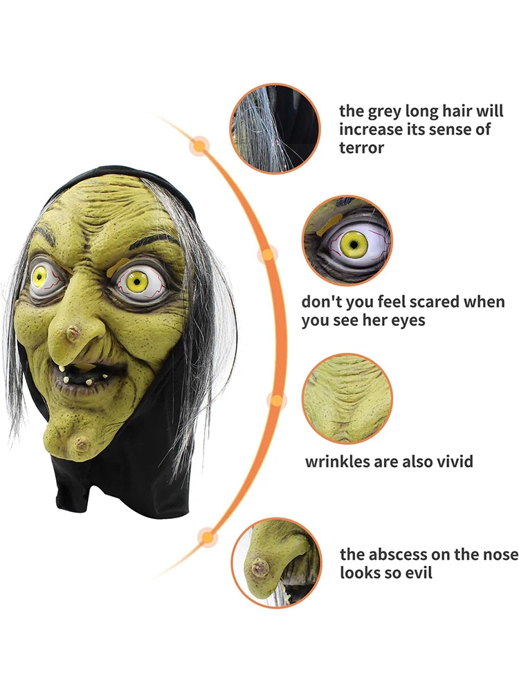 Halloween Horror Old Witch Mask with Hat Cosplay Scary Clown Hag Latex Masks Green Face Big Nose Old Women Costume Party Props