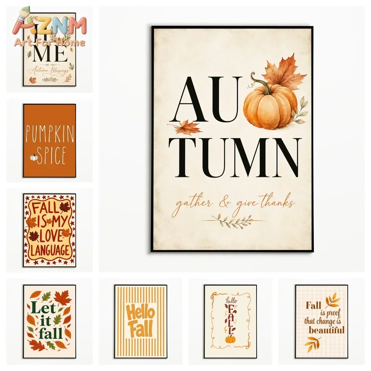 AZNM Autumn Canvas Wall Art Pumpkin Maple Leaf Gather & Give Thanks Quote Print Poster Vintage Fall Text Art for Farmhouse Seaso