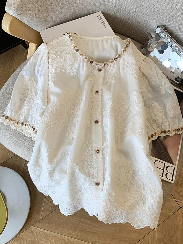 

New Chinese Sle Heavy Embroidery Lace ort Sve irt Lightweight Breathable Women's Summer Faion Unique Top