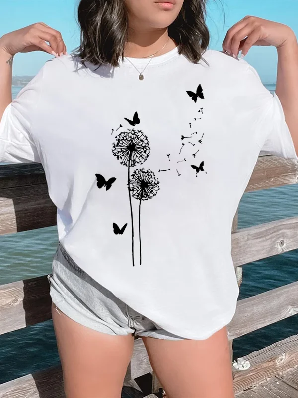 Dandelions and Butterflies Floating in The Wind Print Women T-shirt New Fashion Spring Holiday Trip Casual Comfort Female Shirt