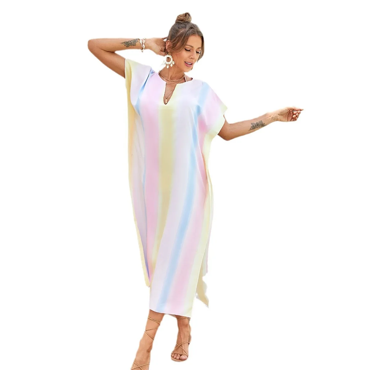 Beach Cover-Up: Rainbow-Colored Long Beach Sun Protection Dress with Side Slits and V-Neck
