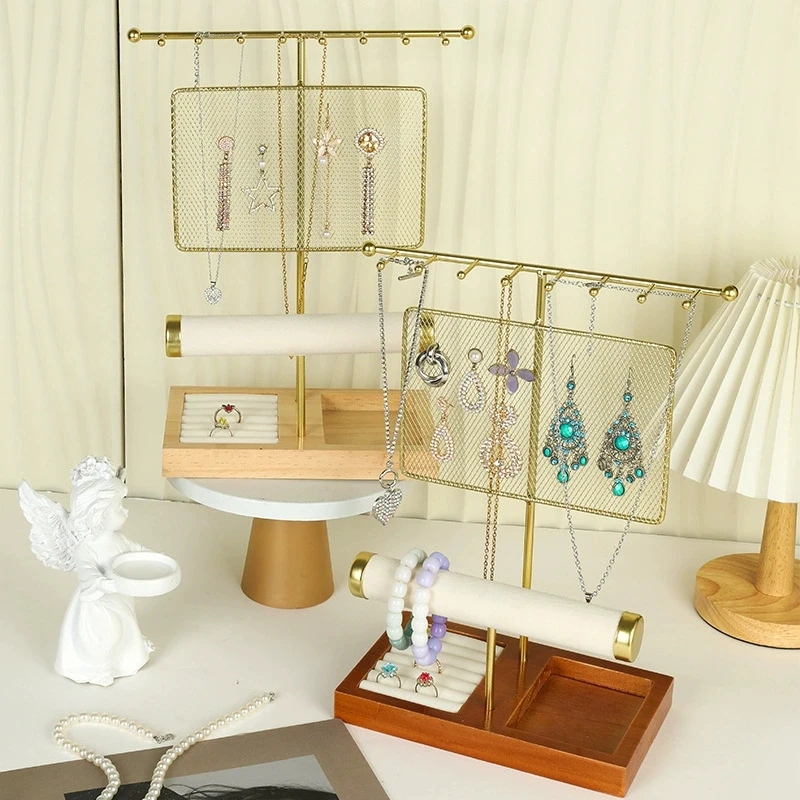 

Fashion Metal Jewelry Rack With Wooden Tray Multipurpose Earrings Ring Bracelet Necklace Display Storage Stand Showcase Props