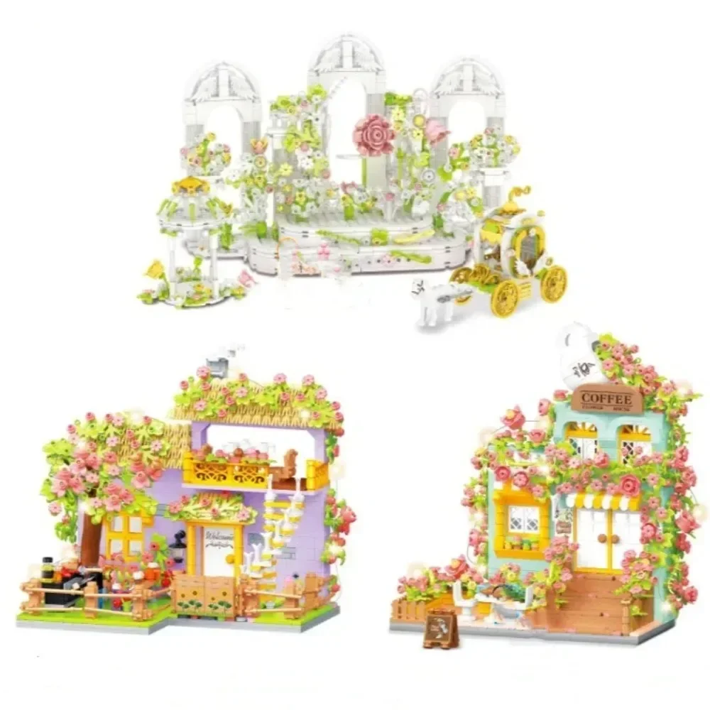 

Street Scene Flower Cafe Courtyard Building Blocks Assembly Ornaments Educational Toys for Girls Boys Gift