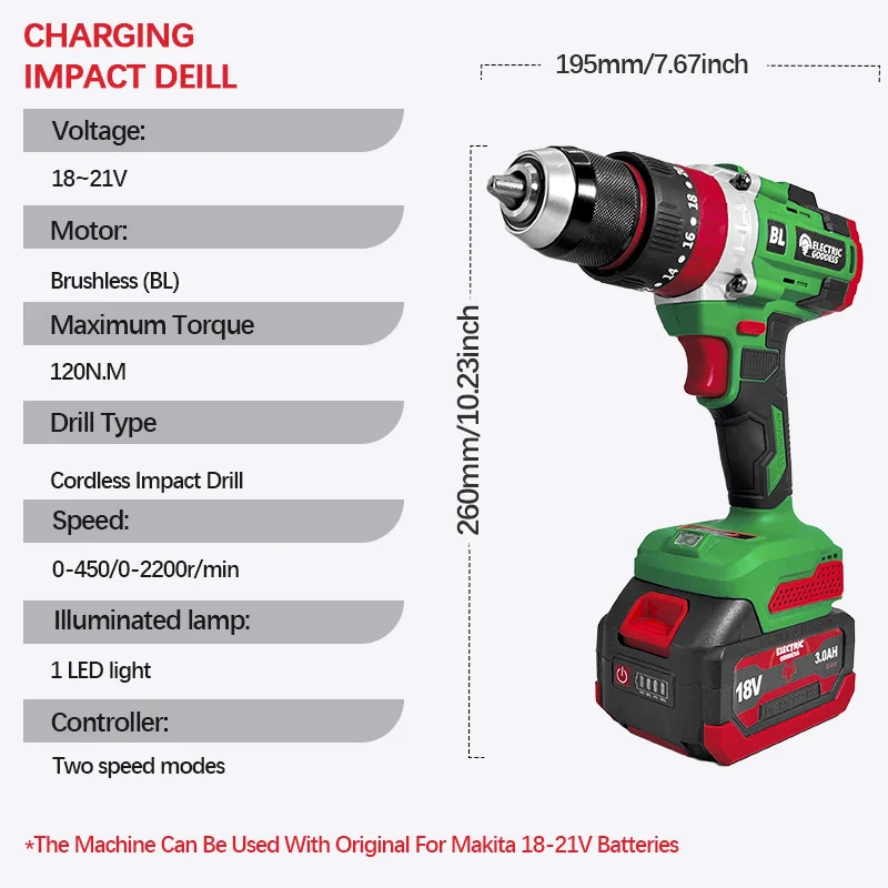 Electric Goddess Brushless Electric Impact Drill 120N.M Torque 3 in 1 Electric Cordless Screwdriver Tools For Makita 18v Battery