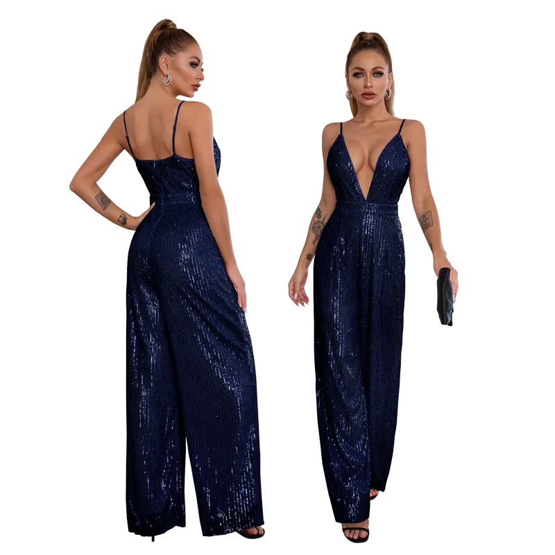 Sexy sequins one piece jumpsuit women spaghetti strap deep v neck club wear jumpsuits