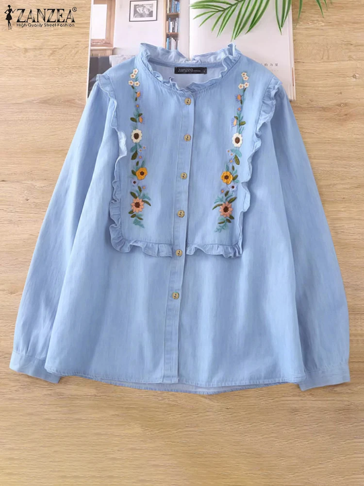 ZANZEA Camicie vintage Primavera Camicetta con ricamo floreale Donna Manica lunga O Collo Balza Top da lavoro Elegante Bottoni autunnali Blusas