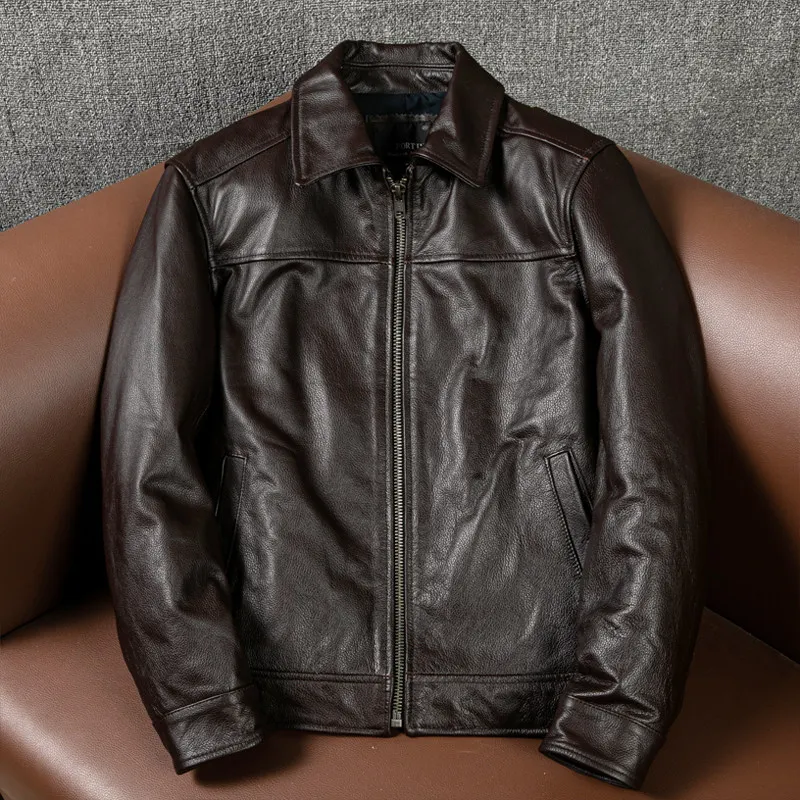 

Pure first-layer yellow cowhide leather men's simple casual short leather jacket