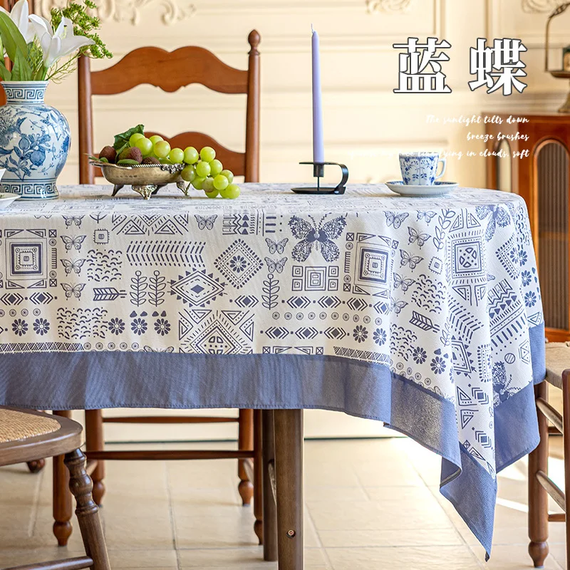 Retro England Blue Butterfly and Bamboo Tablecloth Pearl Gauze Table Cloth Rectangular Christmas Table Cloth Cover for Banquet