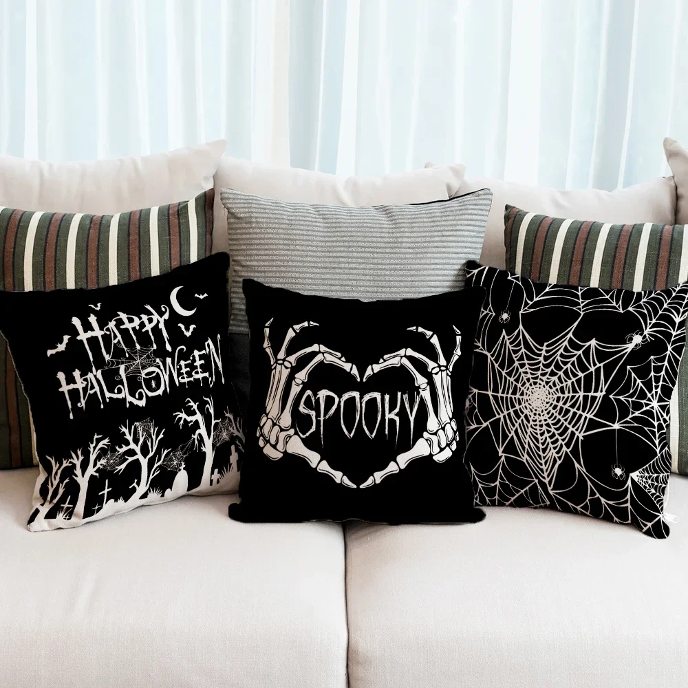 Halloween Skull Spider Pillowcase Black White Skull Spider Web Eerie Design Sofa Cushion Halloween Party Home Decor 18x18 Inches