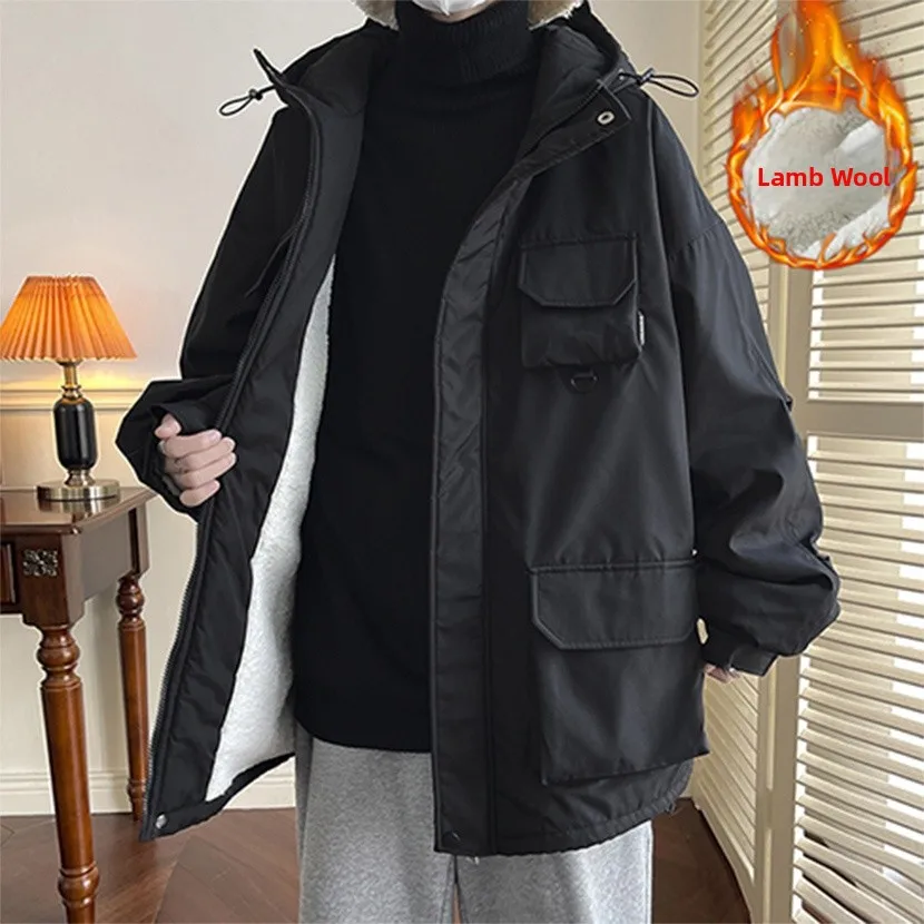 

Thiened Fce Lined Cotton Jaet for Men Winter Warm Outerwear American Trendy Brand Loose Lamb Velvet Coat Cold Proof