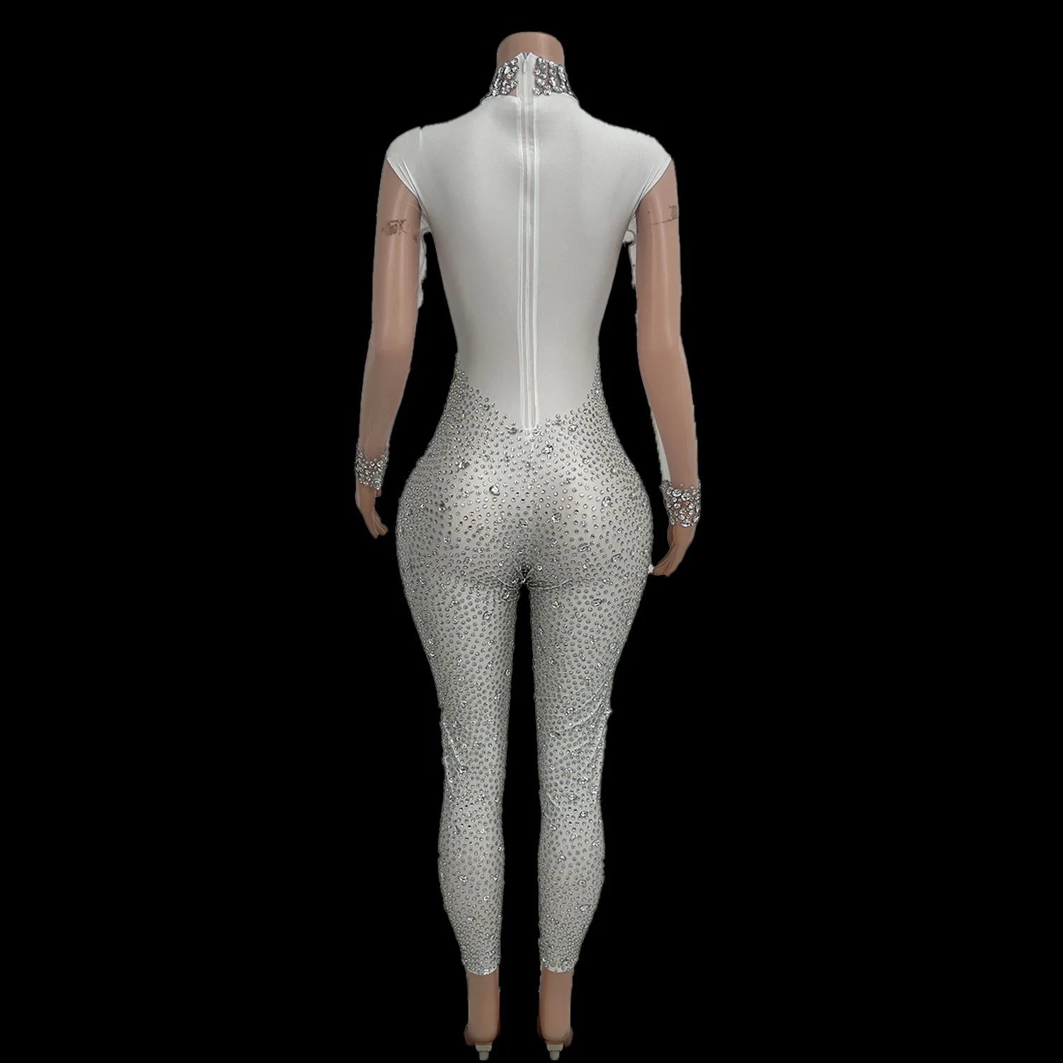 Sexy White Mesh Full Diamond Jumpsuit Style Street Sports Tight Pants Nightclub Festival Party Dress Stage Performance Costume