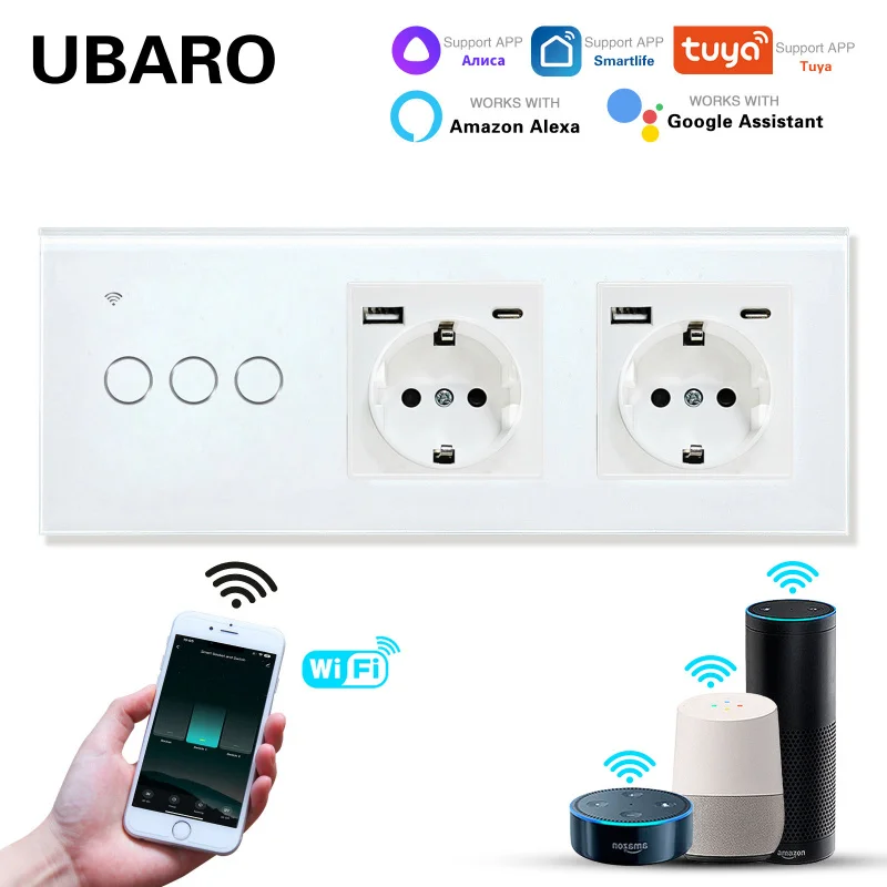 

UBARO Tuya WIFI 228 Нейтральный-Живой Переключатель и Зарядная Розетка 5V2A, Комбинация Розеток A+C с Панелью из Закаленного Стекла, Совместимость с Alexa и Google Home