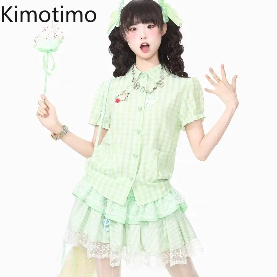 Kimotimo Japanese Lolita Embroidery Plaid Shirt Women Summer Short Sleeve Slim Button Up Tops Sweet Cute Y2k Aesthetic Blouses