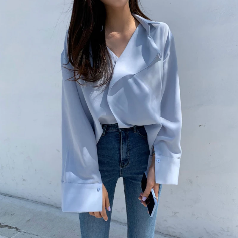 Ele Korean Sle Blue Long Sve irt เสื้อผ้าผู้หญิงแฟชั่นอเนกประสงค์สีขาวดีไซน์เก๋สำหรับวัยรุ่น