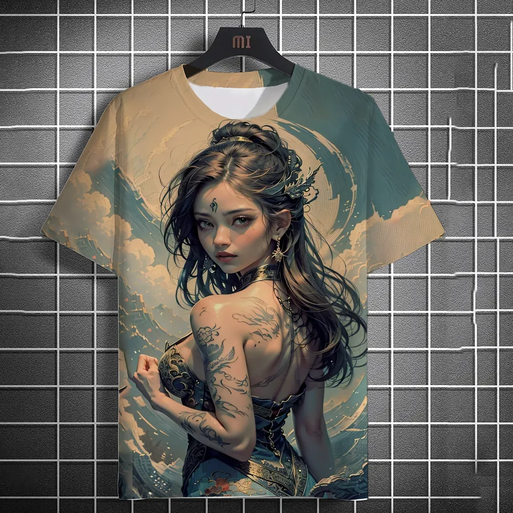 Men's T-shirt 3D Printed Anime Goddess Back Tattoo Print T-shirt Casual Loose Short Sleeved T-shirt Men's Home y2k Clothing tops