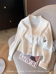 Women White Cashmere Knitted Single Breasted Cardigan Sweater Female Long Sleeve V Neck Tops 2024 Autumn New Jacket F776