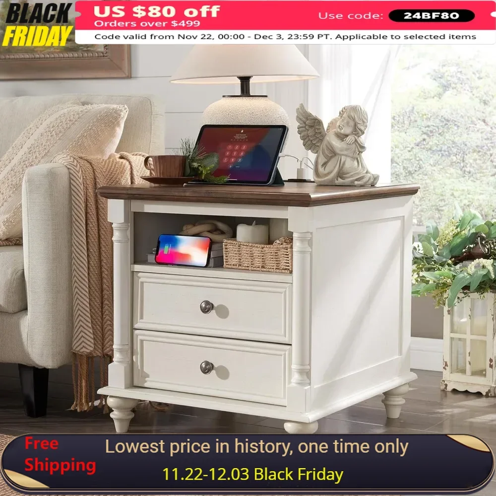 24'' Nightstand Farmhouse End Table W 2 Drawers and Charging Station Wood Square Nightstand