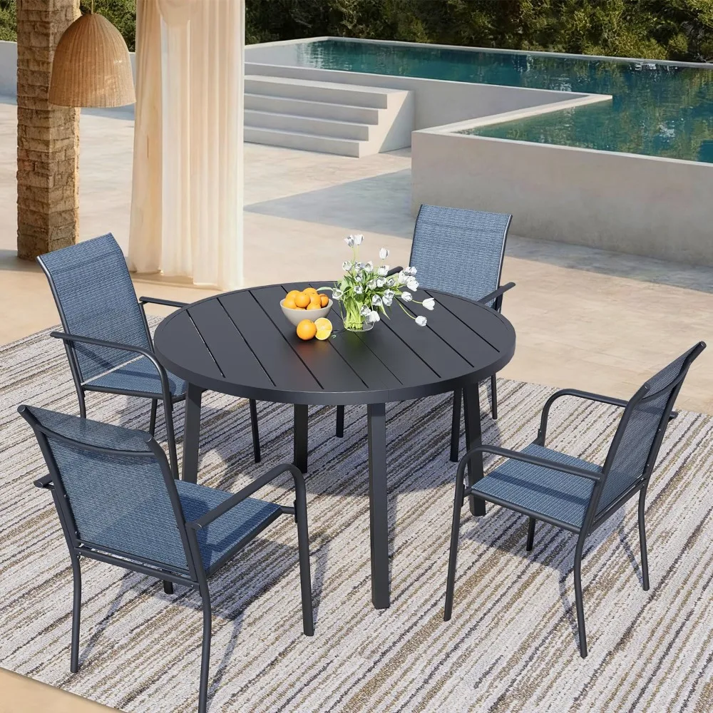 

5 Pieces Patio Dining Set for 4, Blue Patio Stackable Chairs and Black Round Table Set of 4, Outdoor Furniture Set, Customized