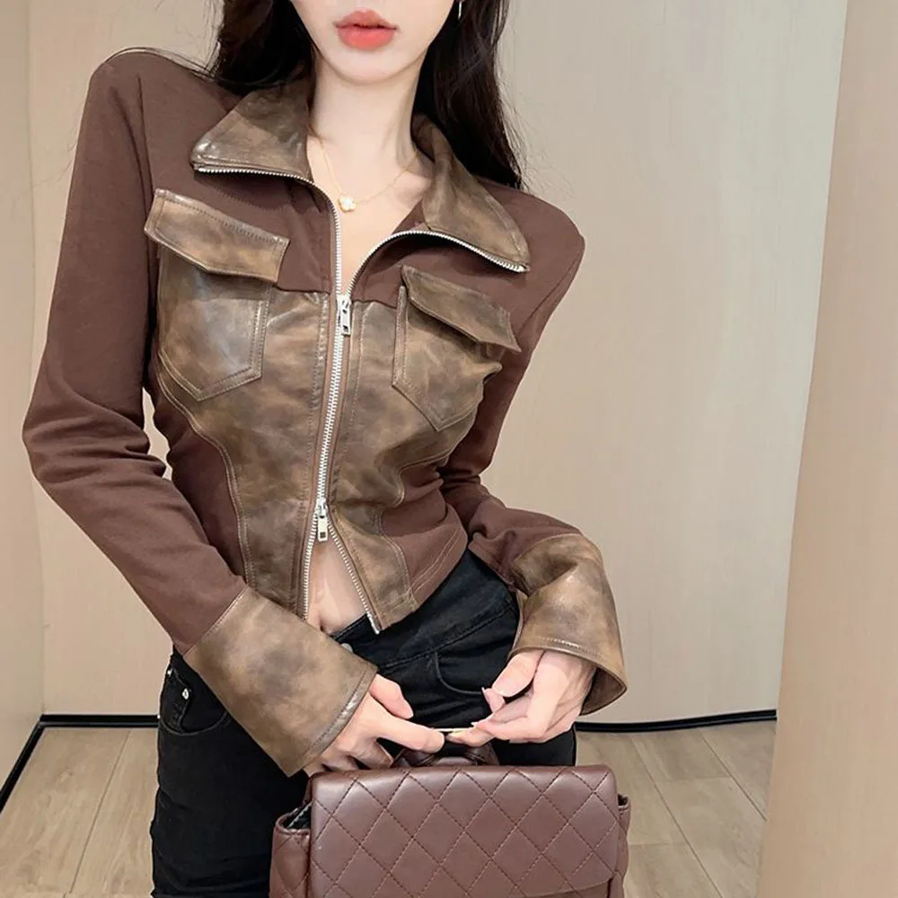 2024 Streetwear Patchwork PU Leather Jacket Women Crop Tops Ropa Mujer Fashion Korean Outwear Temperament Zipper Y2k Coat Ladies