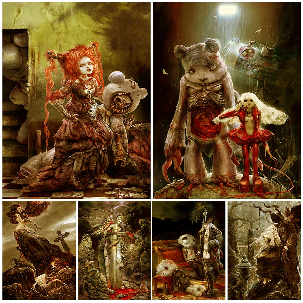 

Gothic Dark Horror Girls And Terrible Demons Vintage Wall Art Canvas Painting Home Decoration Crow Wizard Poster And Print